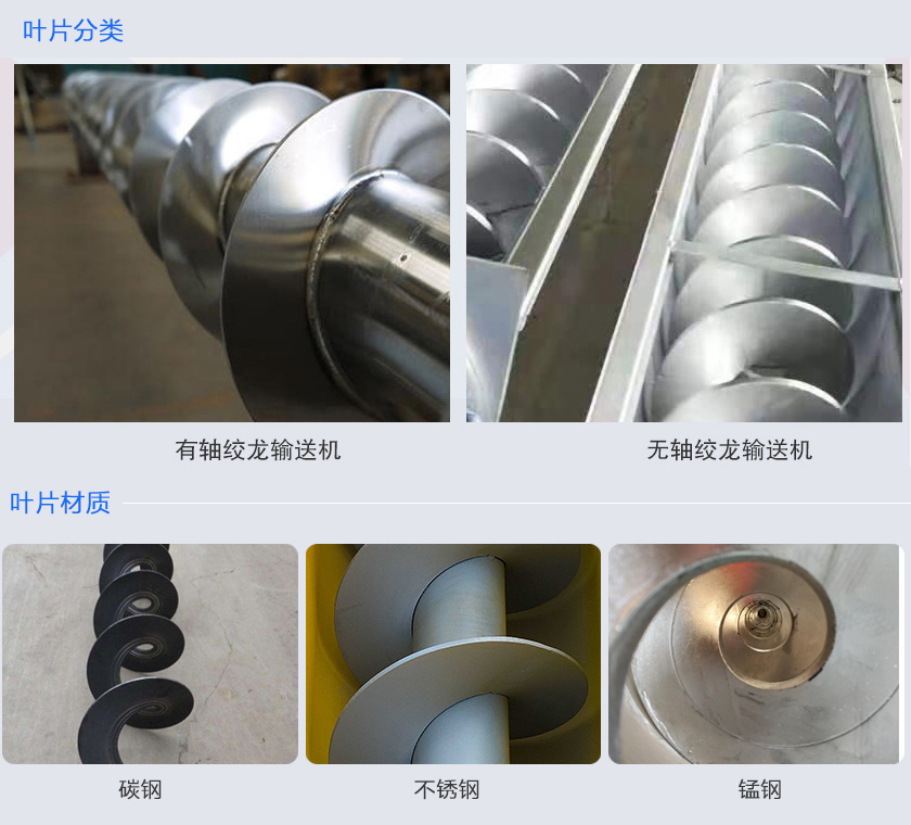 絞龍輸送機(jī)分為有軸和無軸絞龍輸送機(jī)，可根據(jù)物料不同選擇有碳鋼、不銹鋼、錳鋼等材質(zhì)。