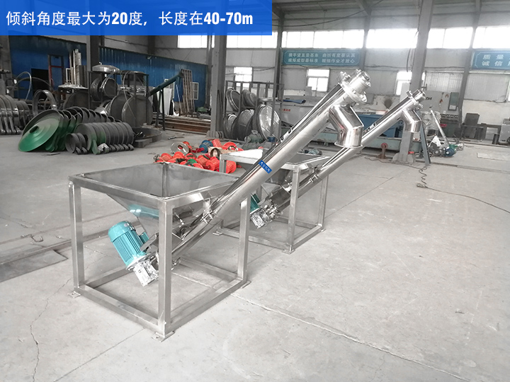 GX型絞龍輸送機(jī)傾斜角度最大為20度，長(zhǎng)度在40-70m